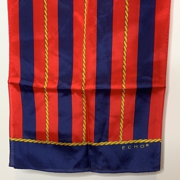 Echo || Silk Nautical Red Blue Striped with Gold Rope Design Scarf 10 1/2” x 52” - Picture 3 of 10